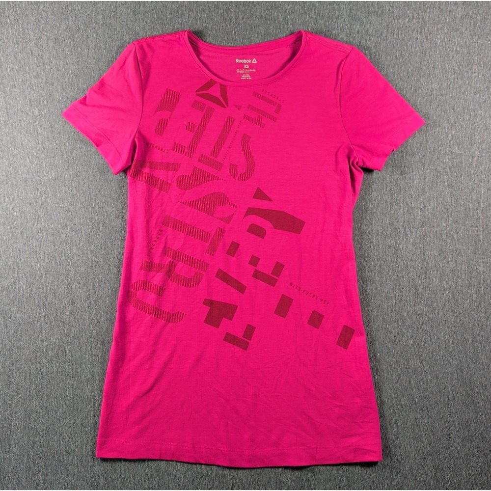 Reebok PlayDry Womens XS Pink Short Sleeve Stretch Activewear Graphic Tee VGUC